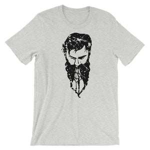 Distressed Bearded Man Praying Rosary | Dark Print Light Shirt