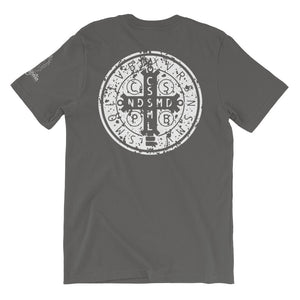 Distressed Saint Benedict Medal Shirt | Light Print on Dark Shirt | Catholic Tee | S to 4XL Front Back and Sleeve design