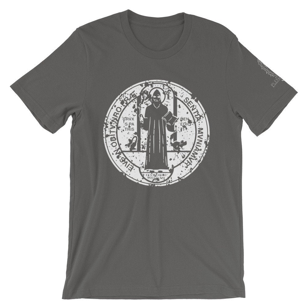 Distressed Saint Benedict Medal Shirt | Light Print on Dark Shirt | Catholic Tee | S to 4XL Front Back and Sleeve design
