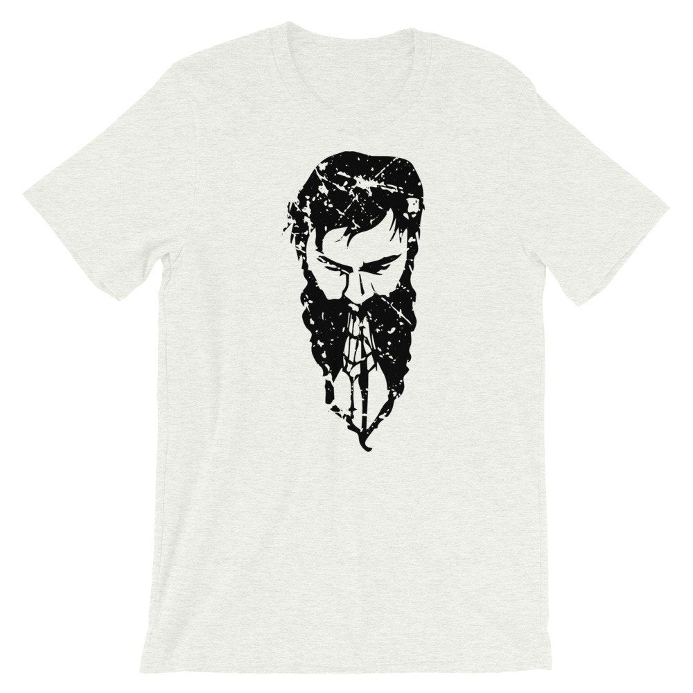 Distressed Bearded Man Praying Rosary | Dark Print Light Shirt