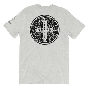 Distressed Saint Benedict Medal Shirt | Dark Print on Light Shirt | Catholic Tee | S to 4XL Front Back and Sleeve design